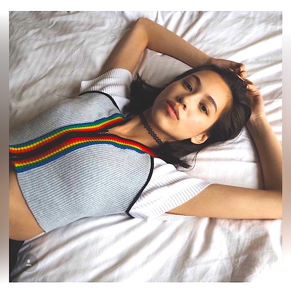 •UNIF• Zip Front Rainbow Trimmed Soft Ribbed Heather Crop Sweater Top 🌈🍭⛅️ - Picture 5 of 10